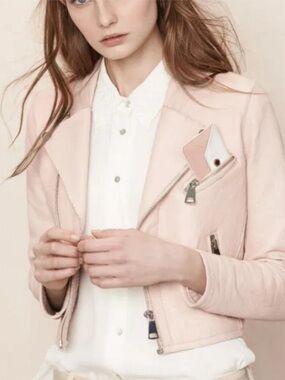 Maje Paris Dust Pink Cropped Moto Jacket Lamb Buttery Leather Lace lining XS